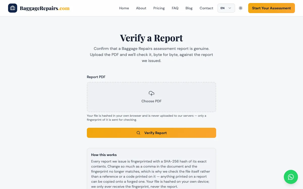 BaggageRepairs.com report verification page