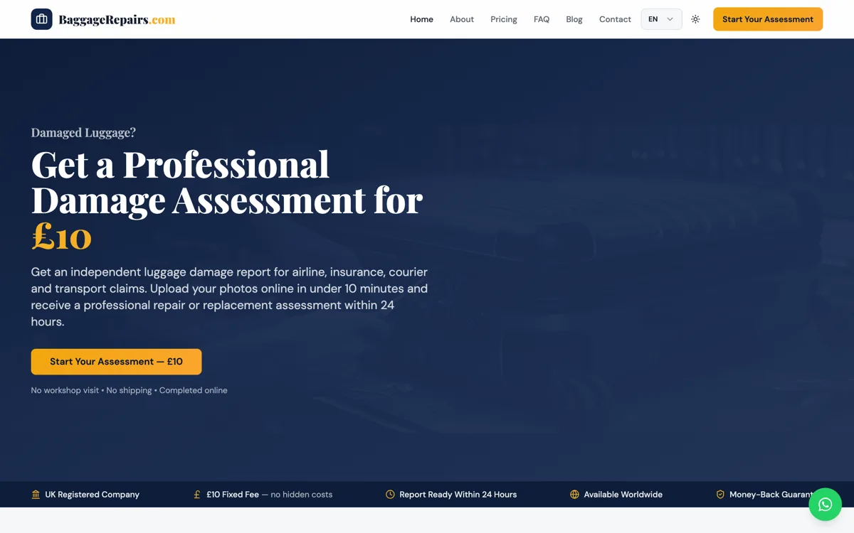 BaggageRepairs.com landing page screenshot